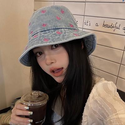 New Sweet Embroidered Pink Bow Denim Fisherman Hat Children Spring and Summer Casual Sunshade Basin Hat Tide