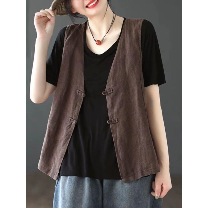 Summer Women's Linen Vest V Neck Frog Button Sleeveless Casual Top