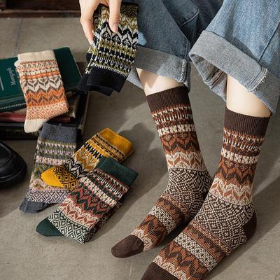 Japanese Retro Ethnic Style Colorful Cotton Mid-Tube Stacked Socks for Women
