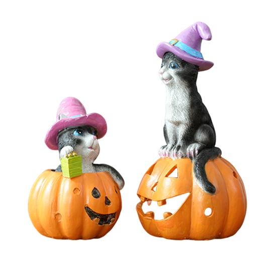 Halloween Cat on Pumpkin Figurine Cute Pumpkin Cat Statue Indoor Resin Sculpture for Shelf Tabletop Bedroom Entryway Decor