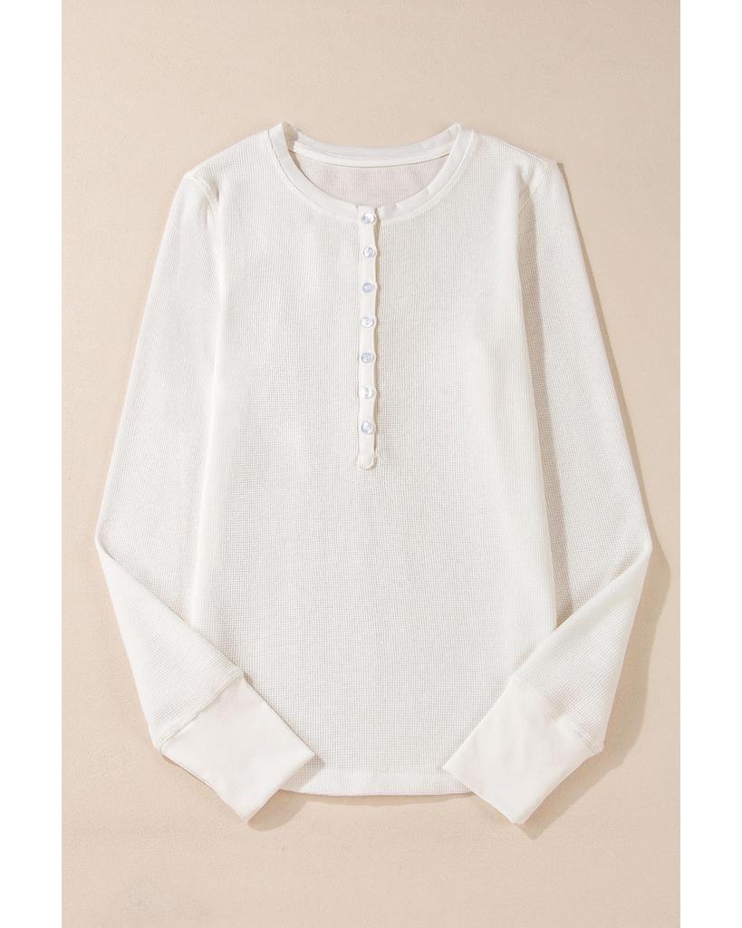 Azura Exchange White Solid Color Waffle Half Button Long Sleeve Top