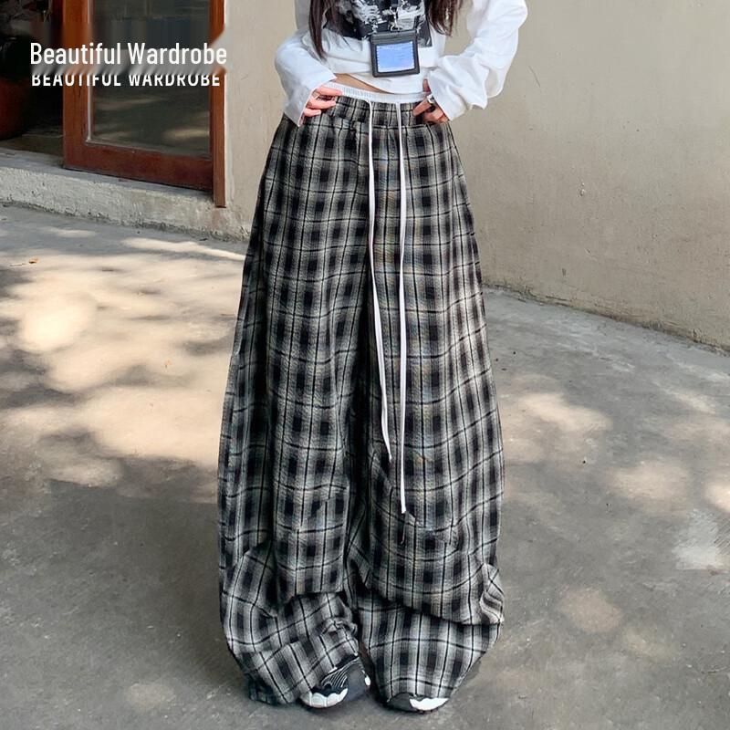 BEAUTIFUL WARDROBE Women s American Retro Plaid Wide-Leg Pants M