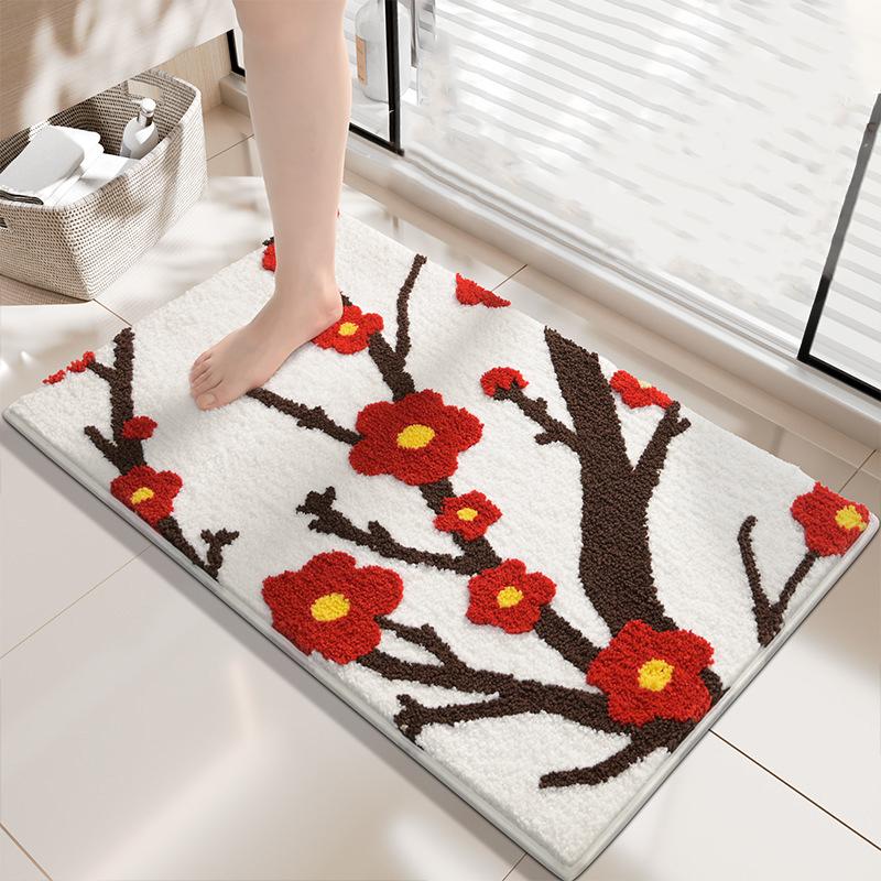 Flocking Thicken Entrance Carpet Tufted Chinese Plum Pattern Bedside Rug Non-slip Absorbent Bathroom Floor Mat Bedside Rug