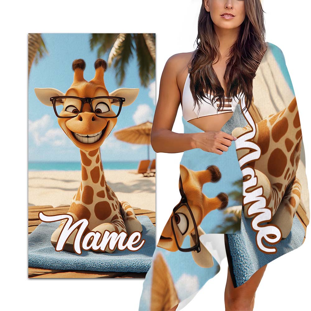 1 pz Asciugamano da Spiaggia Divertente Personalizzato con Giraffa Cartone Animato, Asciugatura Rapida Senza Sabbia con Nome Personalizzato per Vacanze Estive