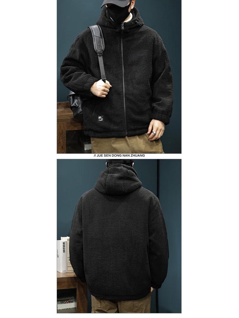 Pánský svetr s kapucí a výstřihem do V, větší velikost, z jehněčí vlny a bavlny - Zimní, teplý, trendy oversized design