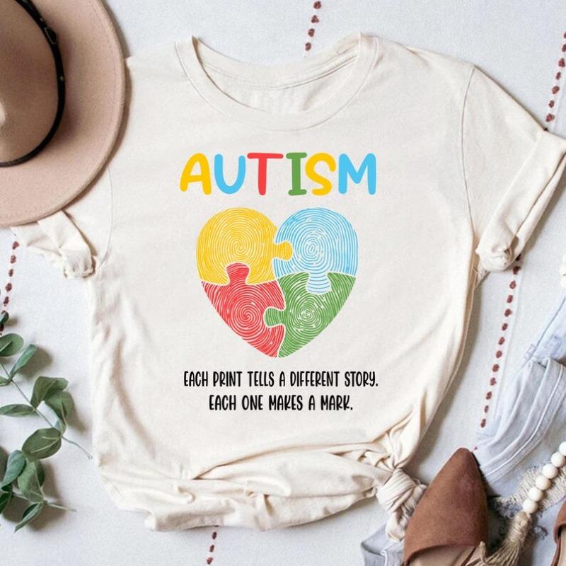 

Fingerprint Heart Autism Awareness Shirt Blue Ribbon Tee Outdoors High Quality Cotton Shortsleev Comfortable Cotton Top Tees 3XL