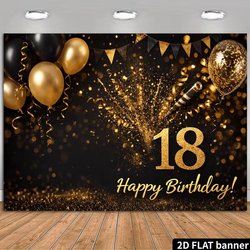 2D Banner zum 18. Geburtstag mit Schwarz-Gold-Ballons 70.9x43.3inch/180*110cm brown
