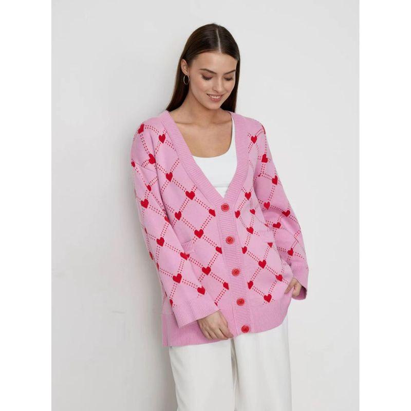 

Fashion Single Breasted Silm Heart Jacquard Cardigan Knitting Sweater Love Cardigan Knit Sweater Pink red Heart L