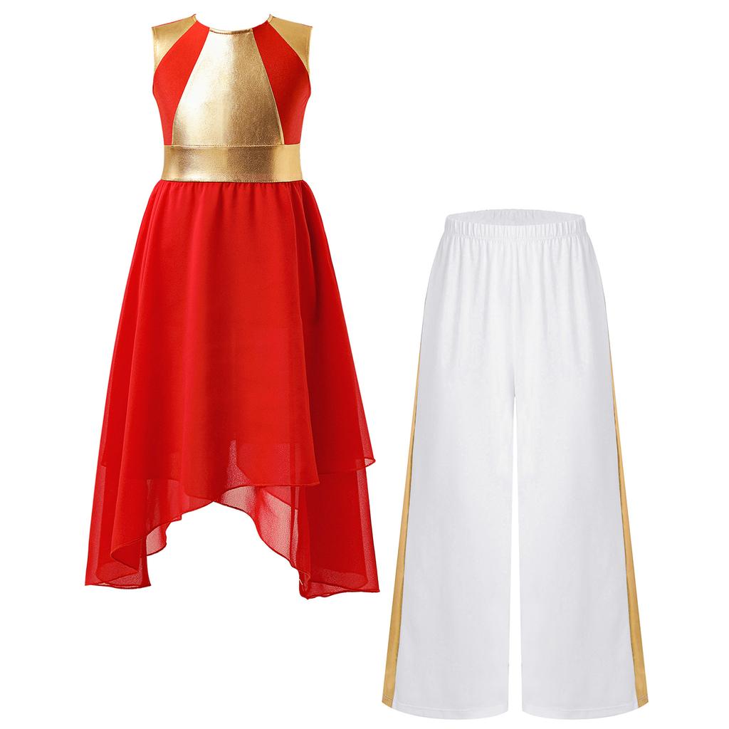 Girls Sleeveless Color Block Metallic Patchwork Dress Wide Leg Pants Praise Worship Dance Costume Set