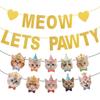 Meow Let's Pawty Banner and Cat-printed Banner for Cat-themed Birthday Party Decorations Backdrops Party Supplies