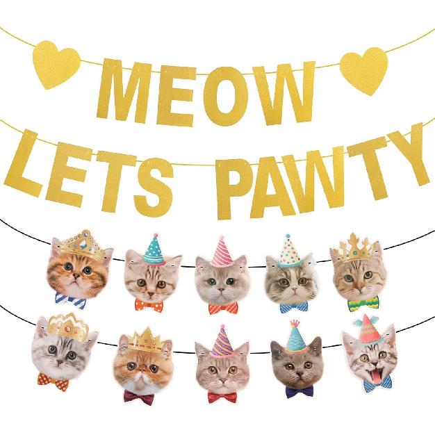 Meow Let s Pawty Banner and Cat-printed Banner for Cat-themed Birthday Party Decorations Backdrops Party Supplies