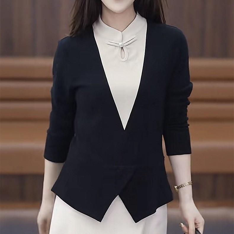 

Ретро фейковая двухслойная базовая рубашка 2025 осень и зима новая утолщенная кофта темперамент национальный стиль пуговица футболка M чёрный