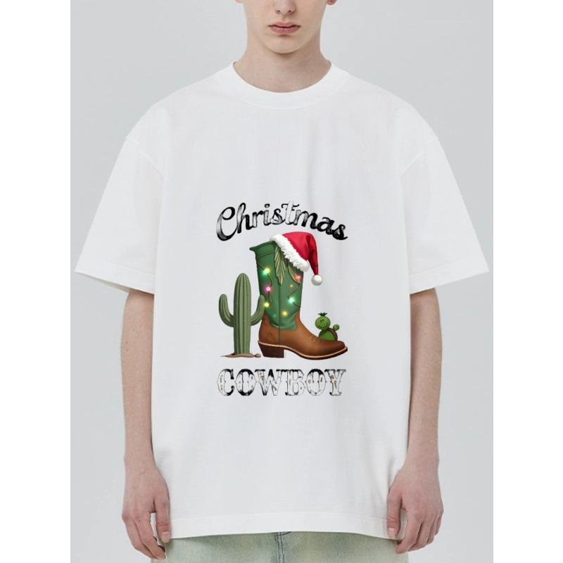 

Christmas Cowboy T Shirt Black Cactus and Cowboy Boot with Santa Hat and Lights Print for Holiday Party Wear XXXXL