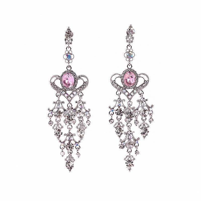 Pink Crystal Heart & Tassel Teardrop Earrings - Simple, Long, Sweet Style for Women
