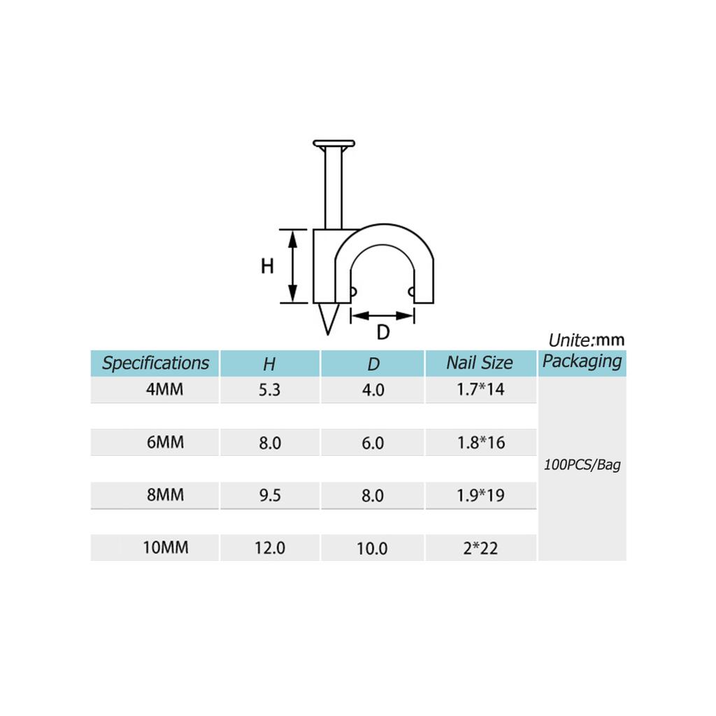 100 peças de clipes redondos para cabos de 4 mm, 6 mm, 8 mm e 10 mm para gerenciamento de cabos RG6 CAT6 RJ45, suporte para abraçadeiras de fios elétricos, clipes circulares para cabos