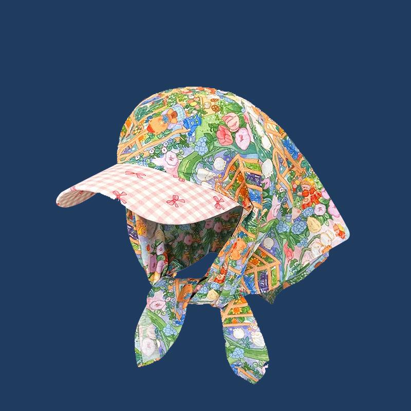 Korean Strap Headscarf Cap Pastoral Triangular Cap Women Summer Sun Protection Plaid Hip Hop Sun Visor