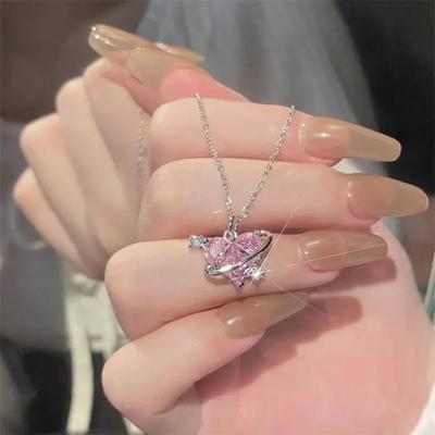 Y2K Pink Planet Heart Zircon Pendant Necklaces Women  Aesthetic Clavicle Chain  Valentines Day Gift Party Jewelry