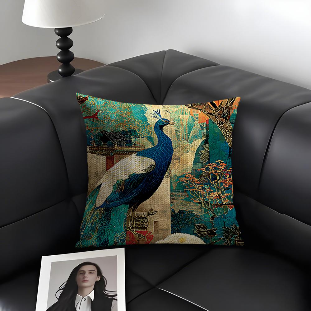 Peacock Luxury Cushion Cover Natural Linen Organic Fabric Double-Sided Printing Sofa Home Decor Gift Pillow Case