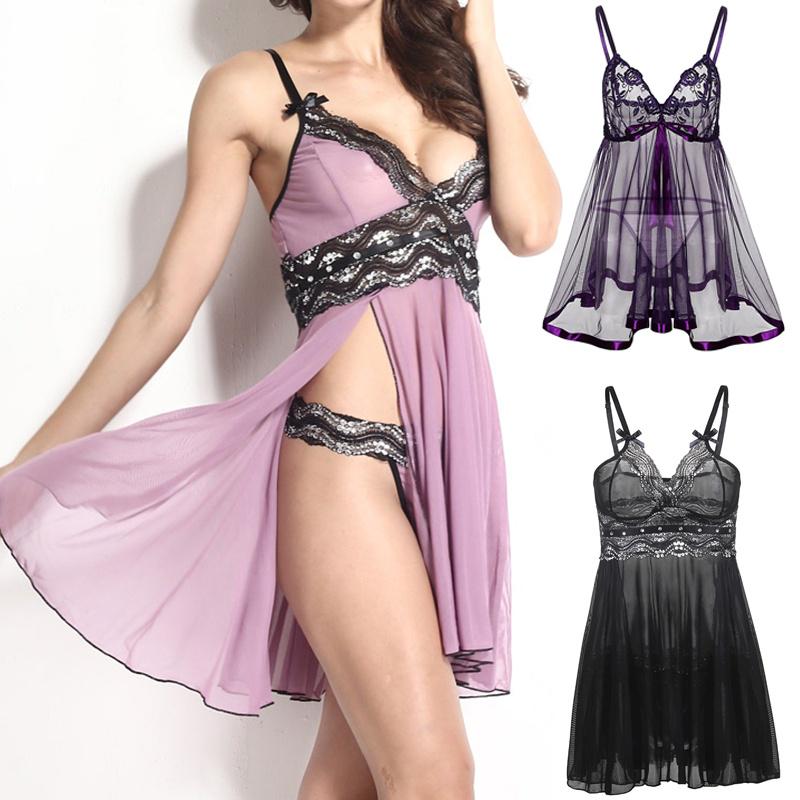 Womens Plus Size Sexy V-neck Lace Sleepwear Lingerie Dress with G-String