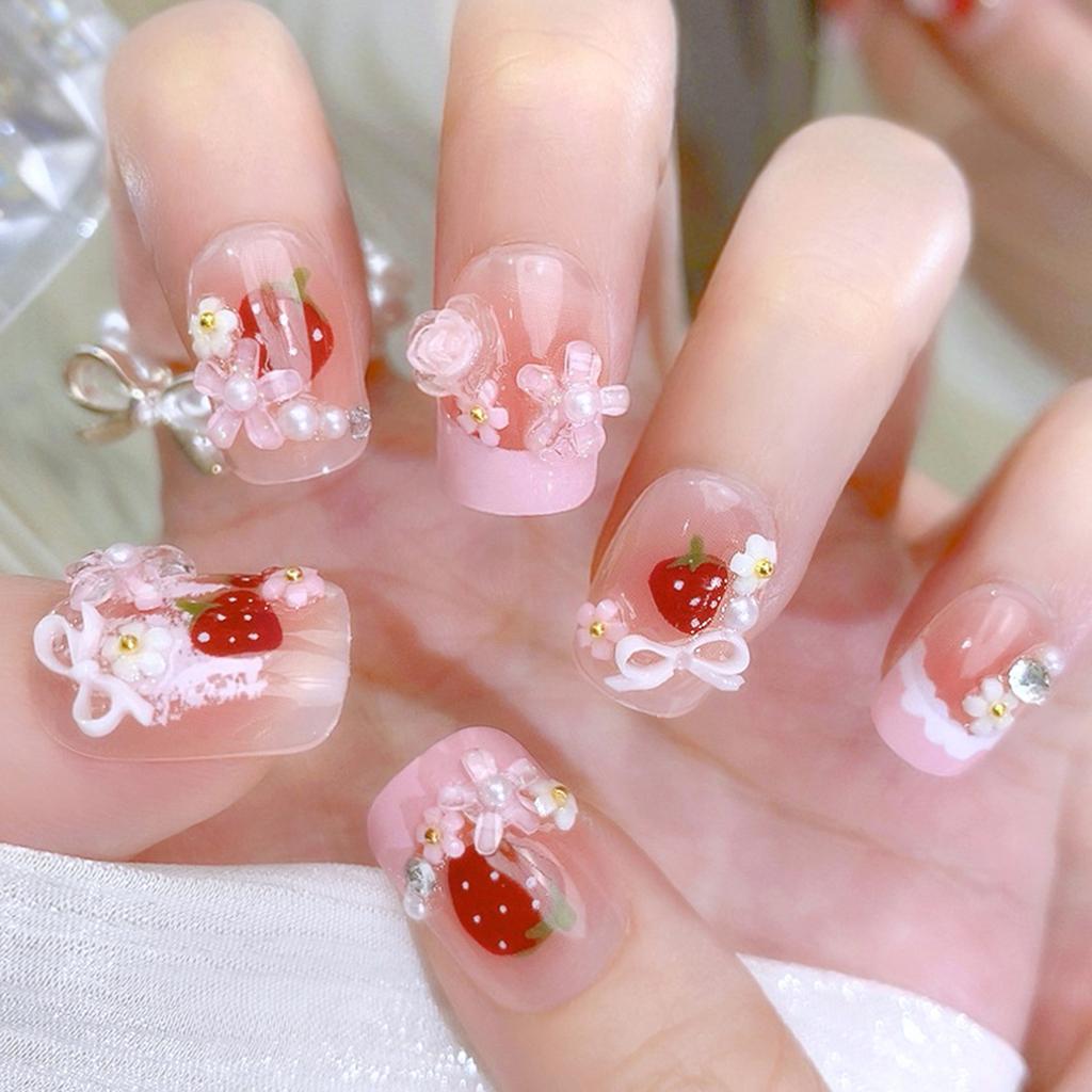 24Pcs Cute Strawberry Bow-Fake Nails for Women Sweet-Design Lightweight Durable Manicure Accessory