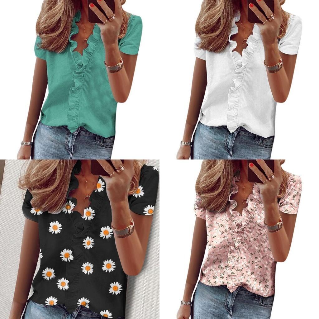 T-shirt da donna alla moda con scollo a V, maniche corte a balze e stampa floreale margherita alla moda