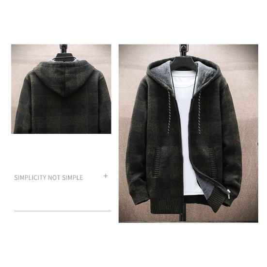 Herbst Winter Herren Mantel Reißverschluss Strick Langarm Dicker Plüsch Kariert Print Kapuzen Oberbekleidung Locker Doppeltaschen Täglich Sport Outdoor Arbeit Hoodie