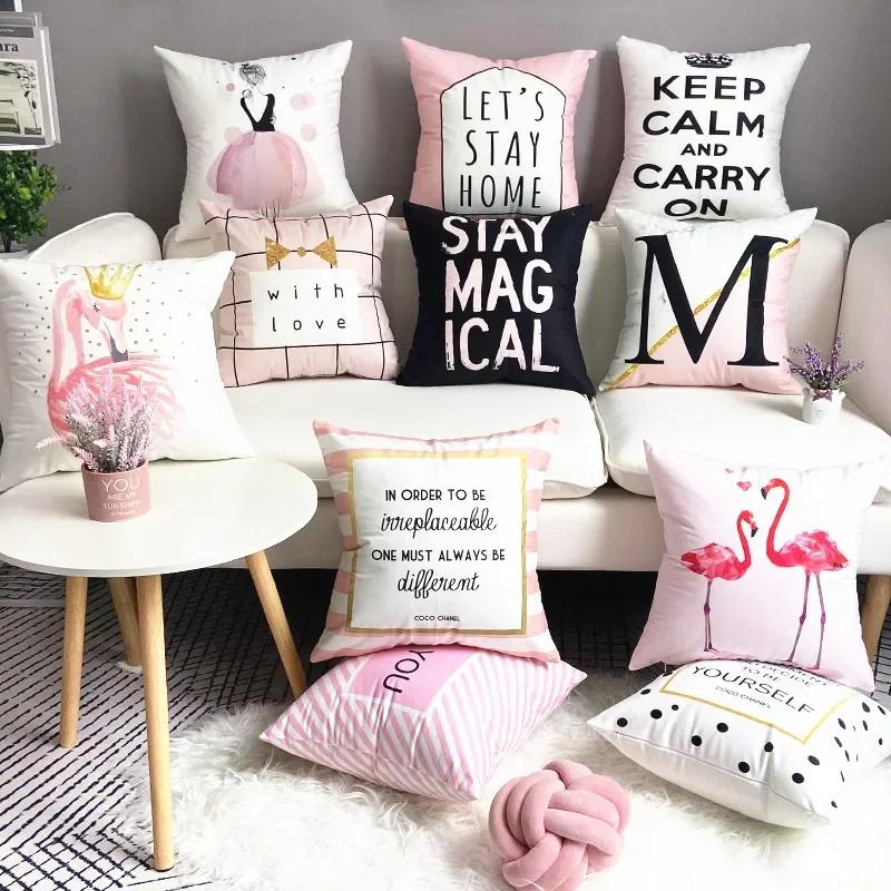 Nordic Pink Girls Geometry Polyester Plush Pillowcase Letters Pink Feather Super Soft Thick Sofa Pillow Cushion Cover Home Decor