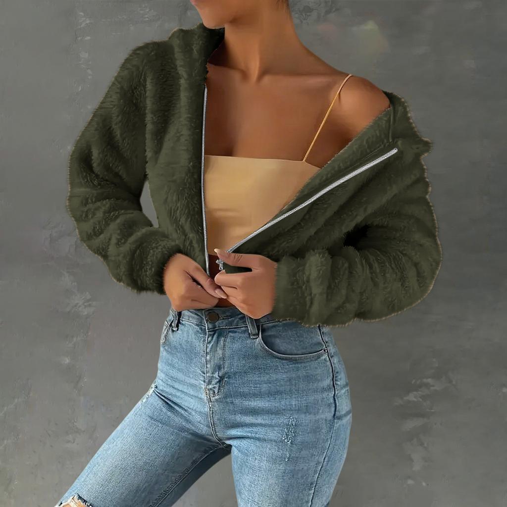 Damen Modische Lässige Dicke Fleece Oberteil Kurze Länge Langärmelig Kapuzenjacke