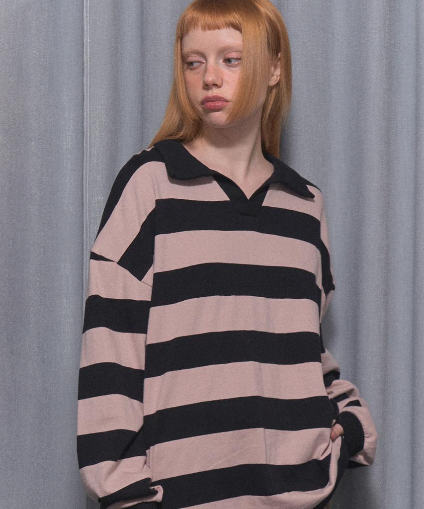 FANCY CLUB Striped Oversized Rugby Tee (Pink)_F24Zb074