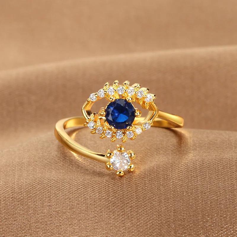 YILUOCD Blue Cubic Zirconia Evil Eye Open Ring for Women Turkish Devil Eyes Stackable Adjustable Rings Jewelry for Protection