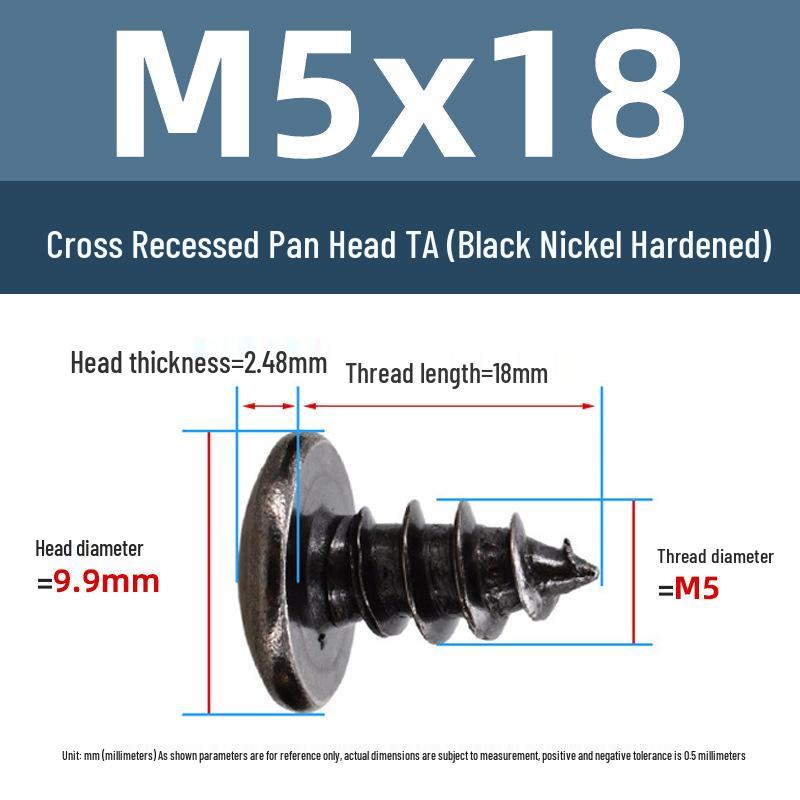 Yigu Black Nickel Hardened Phillips Flat Head Self-Tapping Screws M3-M5, Carbon Steel, Coarse Thread, Pointed Tail