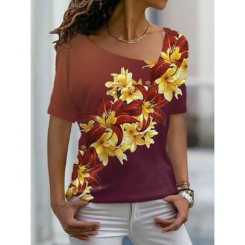 Damski T-shirt z motywem różanym, malowany, z nadrukiem graficznym, z dekoltem w serek, podstawowy top z krótkim rękawem, XS-8XL/Druk 3D