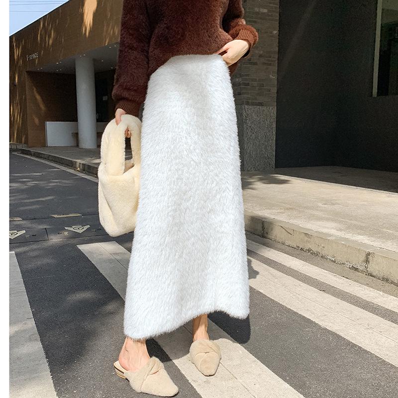 Korean Style Slimming Faux Mink Knit A-Line Midi Skirt for Women - Warm, Winter-Chic