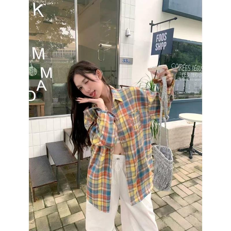 

Rainbow Plaid Women s Shirt Lapel Long Sleeved Sunscreen Button Up Blouse Summer Loose Mid Length Woman Colored Top S разноцветный