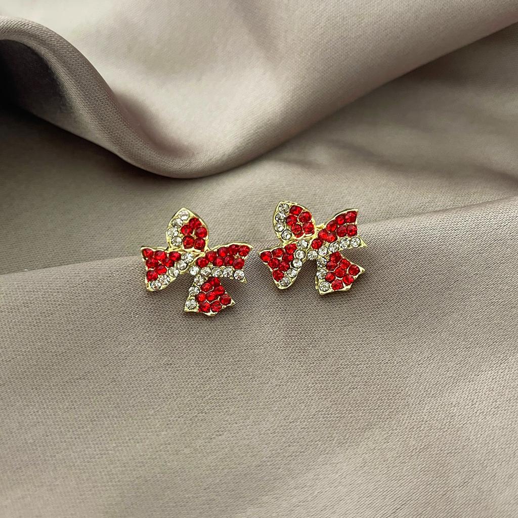 New Style Temperament Red Color Christmas Bow Stud Earrings for Women Rhinestone Bowknot Red Ball Earring Girls Party Jewelry