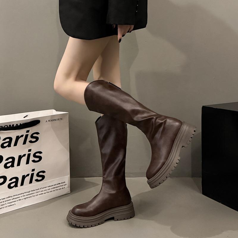 Solid color temperament retro British style thick heel platform boots women's 2025 new autumn but knee knight boots
