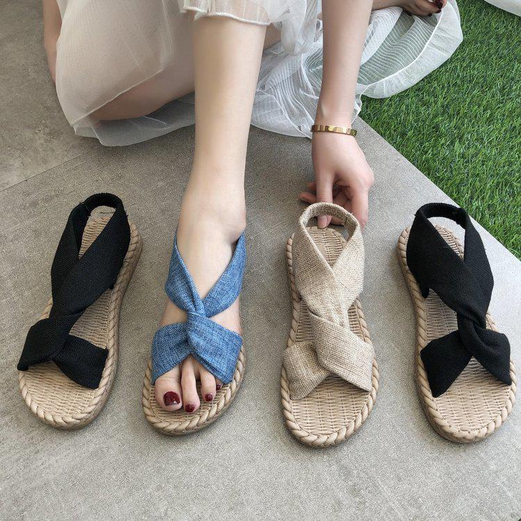 Women's Summer Roman Sandals - Woven Straw Linen with Elastic Band
