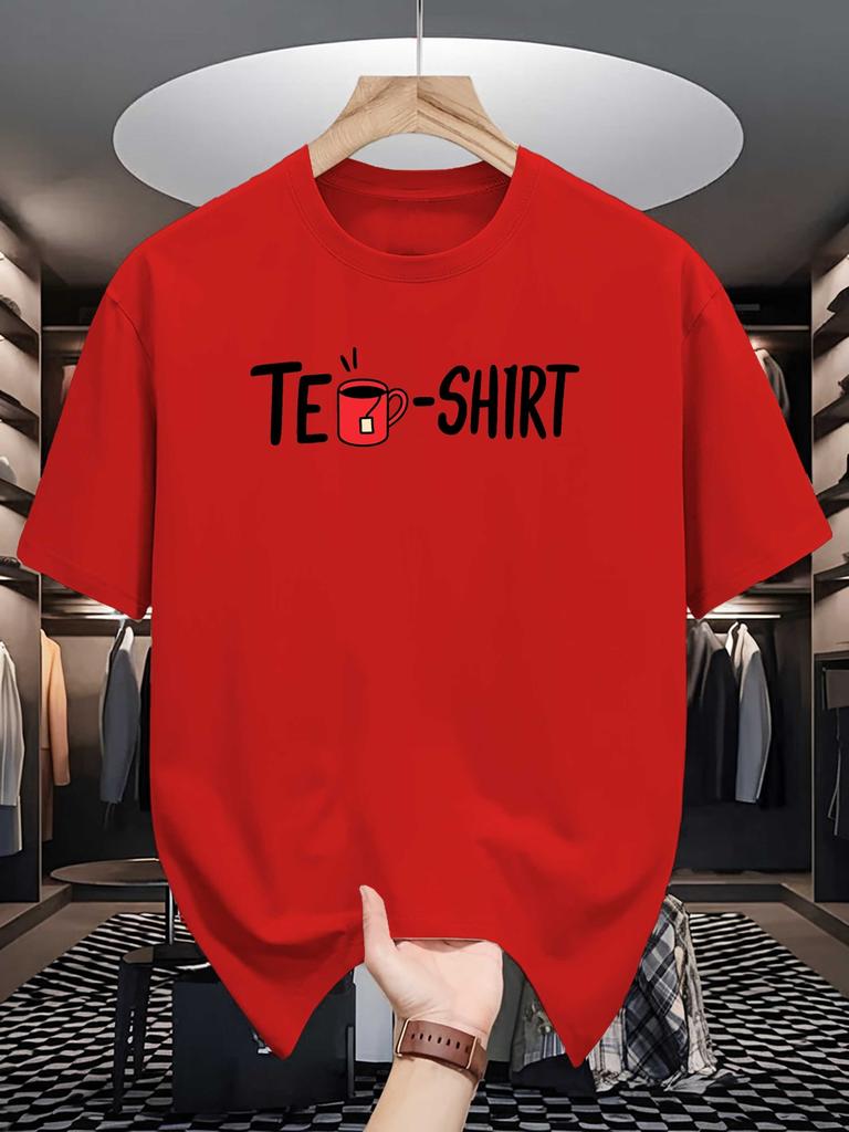 Te Shirt Pun Print Unisexs Crew Neck T Shirt Cartoon Red Tea Cup Letter Graphic Short Sleeve Casual Cotton Trendy Street Tees