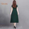 Summer Lady Dress Round Neck A-line Short Sleeves Slim Waist Plus Size Pure Color Slim Fit Mid-calf Length OL Commute Midi Dress