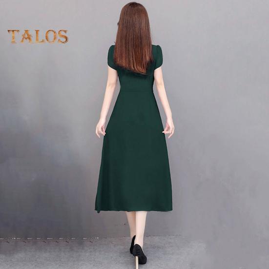 Summer Lady Dress Round Neck A-line Short Sleeves Slim Waist Plus Size Pure Color Slim Fit Mid-calf Length OL Commute Midi Dress