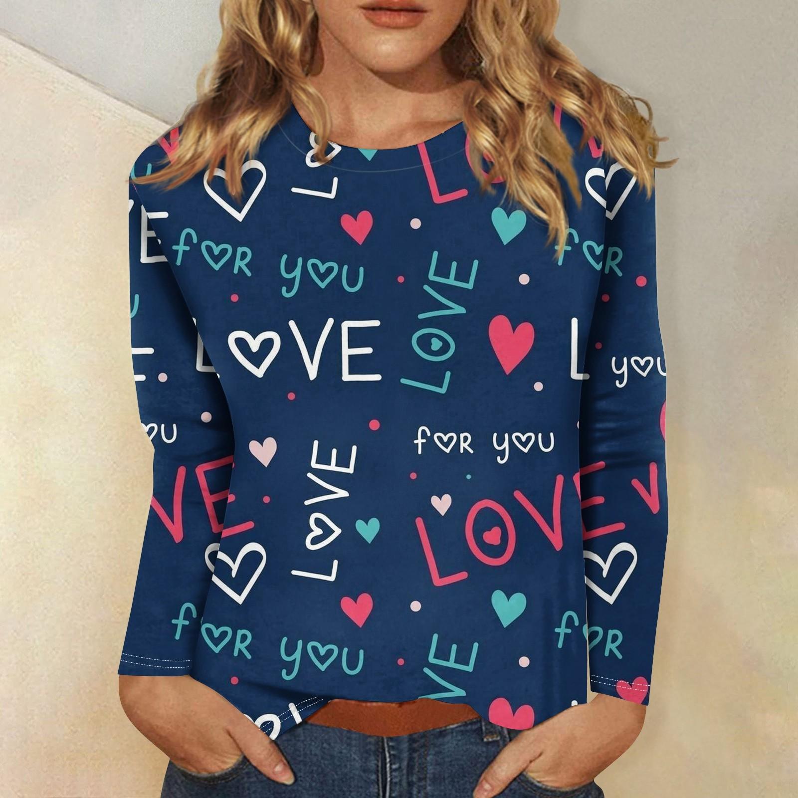 

Женская мода повседневная с длинным рукавом и принтом ко Дню святого Валентина с круглым вырезом XL