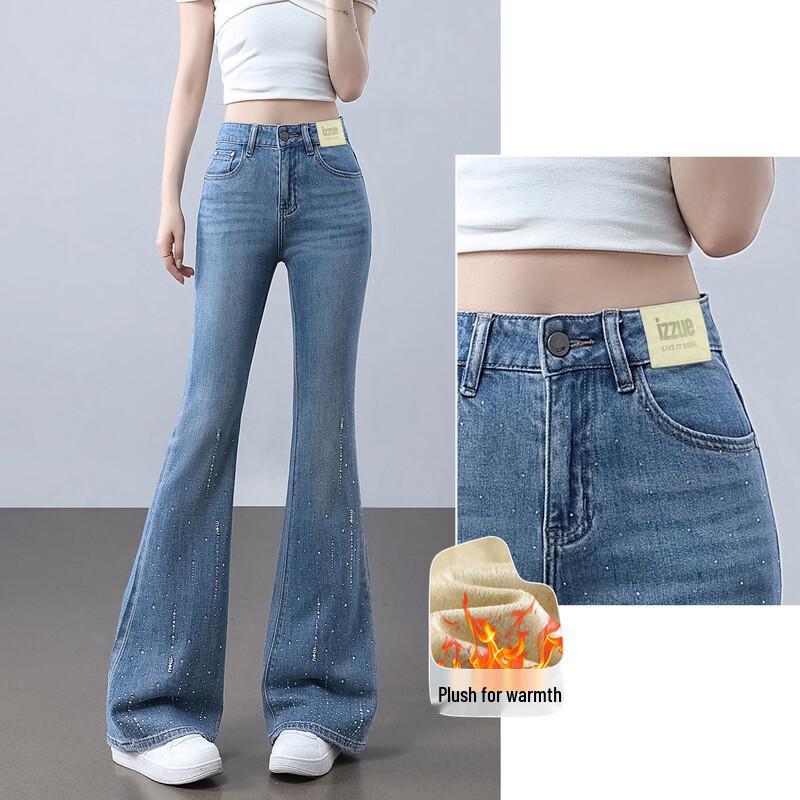 izzueit Women's Slimming High-Waist Rhinestone Flare Jeans with Fleece Lining