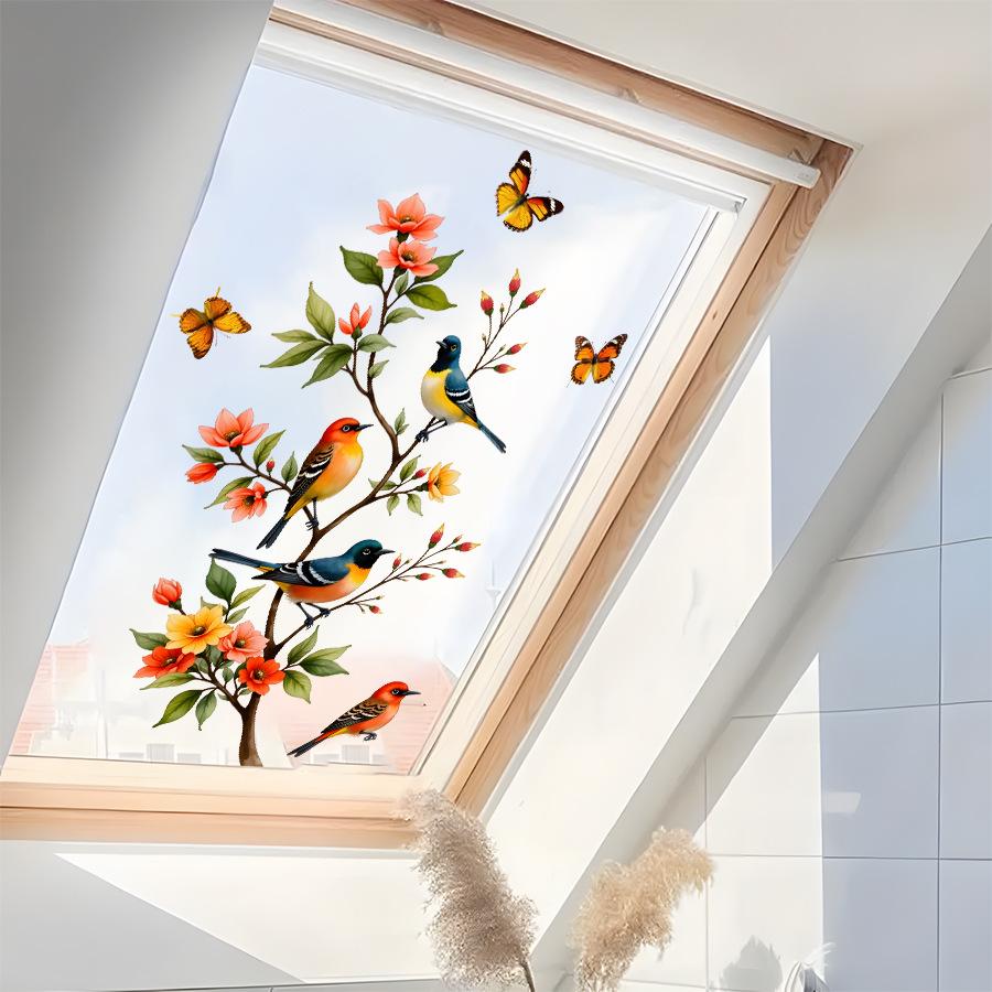 Watercolor Butterfly Magpie Kapok Tree Window Sticker Static Cling Decal for Home Glass Decoration
