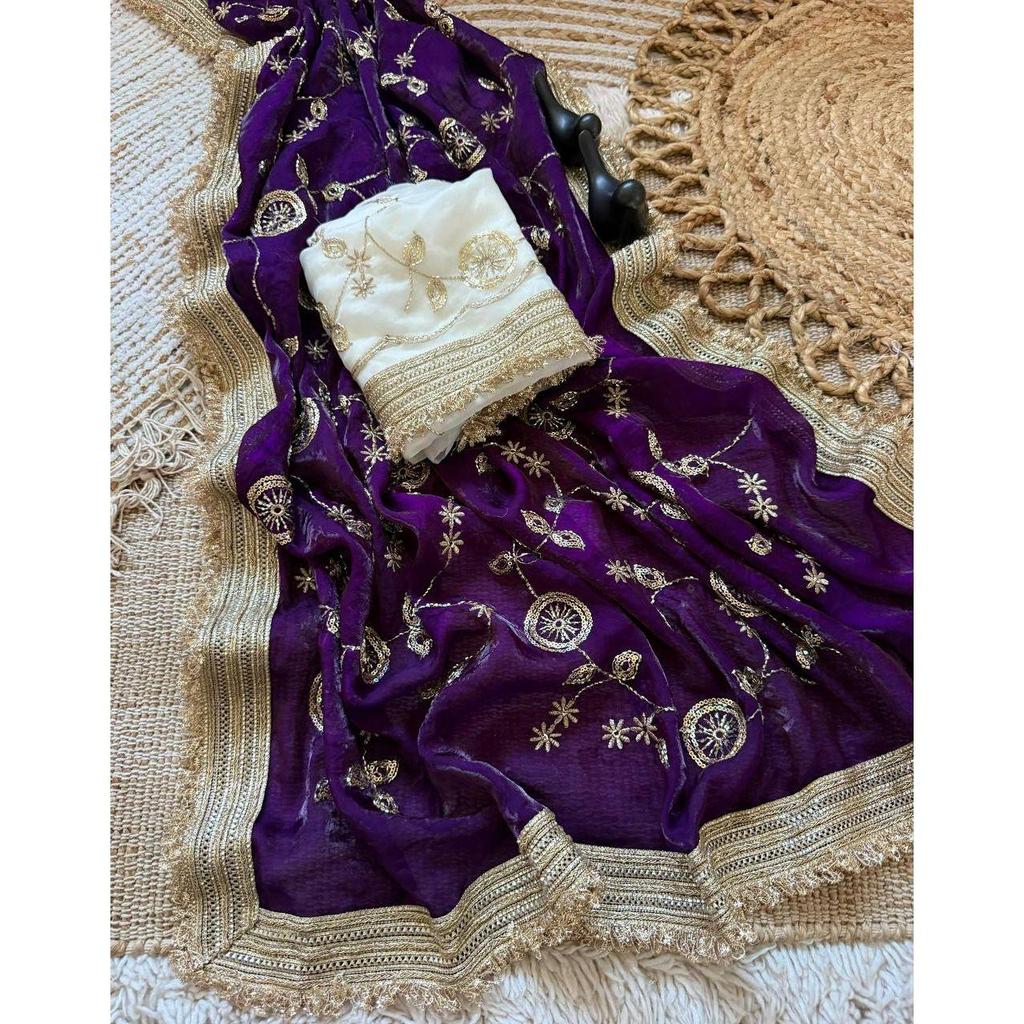 Premium Soft Fendy Satin Silk Saree with Embroidery & Cutwork Border