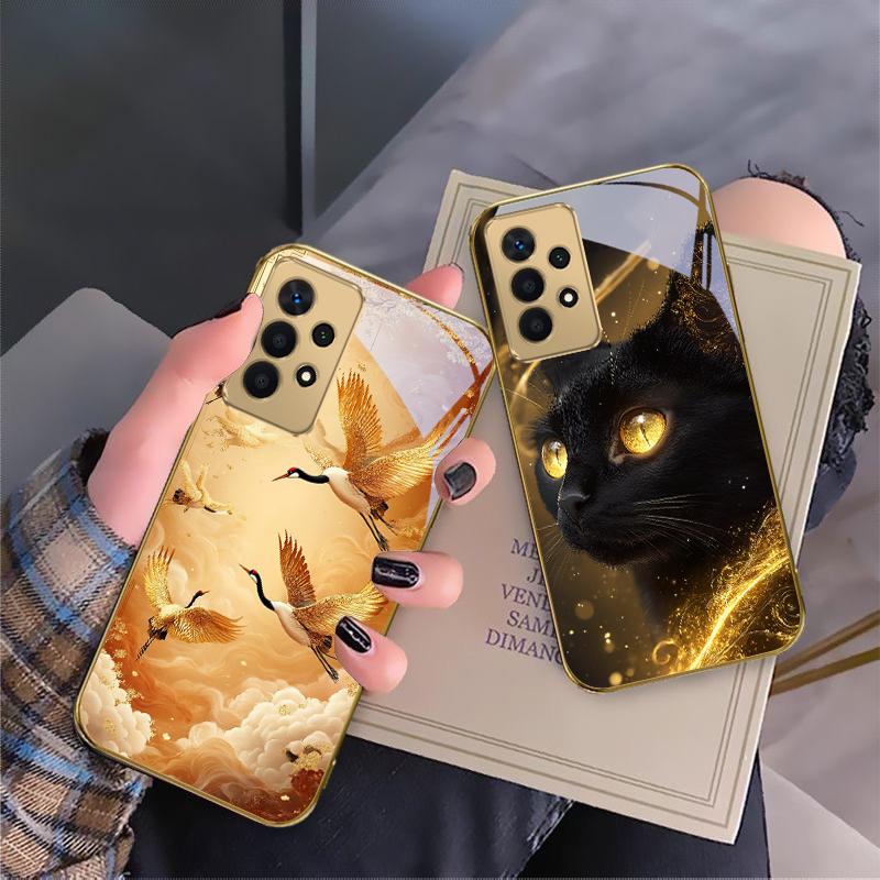 Mysterious black cat For Samsung A 01 52S A04 A05S A10 A12 A13 22 23 24 36 42 M02 Note 10 20Ultra 8 9 Golden glass phone case