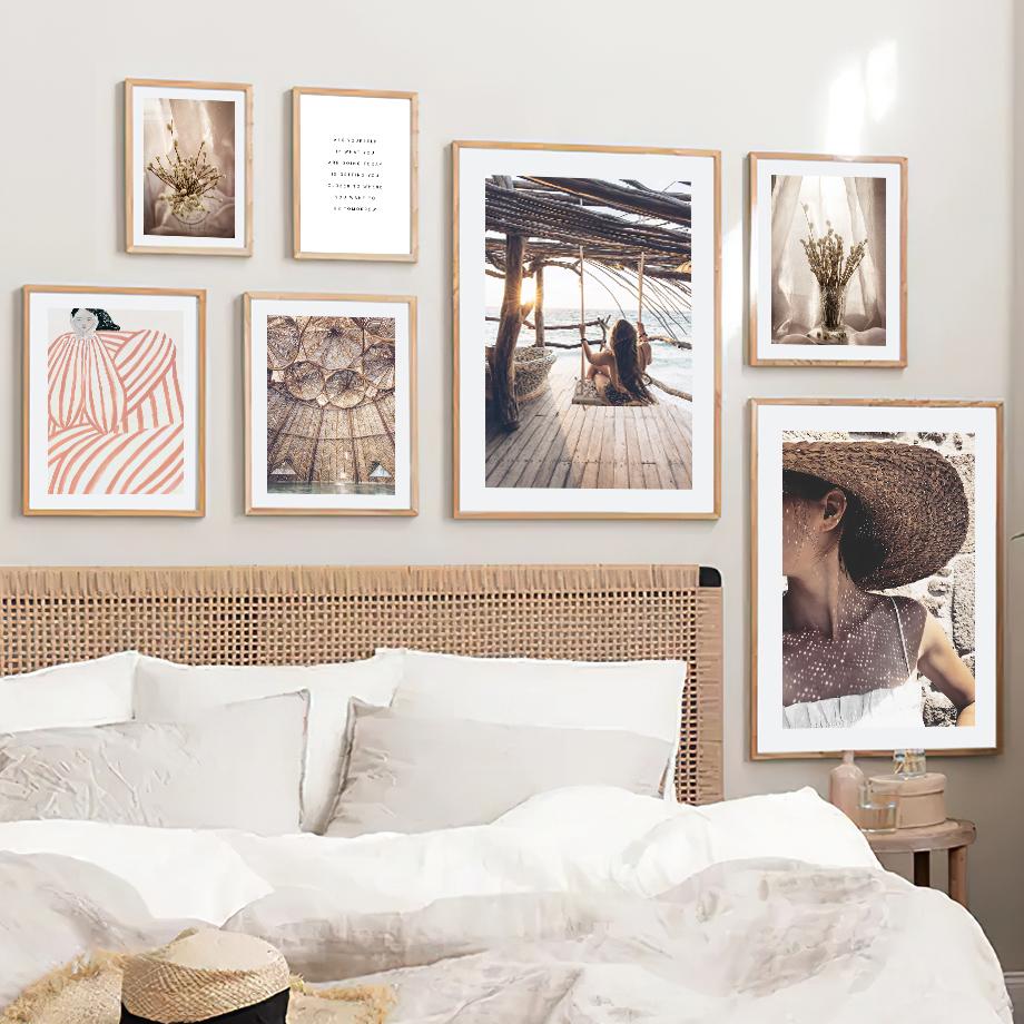 Coastal Flower Chalet Hat Girl Abstract Nordic Posters And Prints Wall Art Canvas Painting Wall Pictures For Living Room Decor