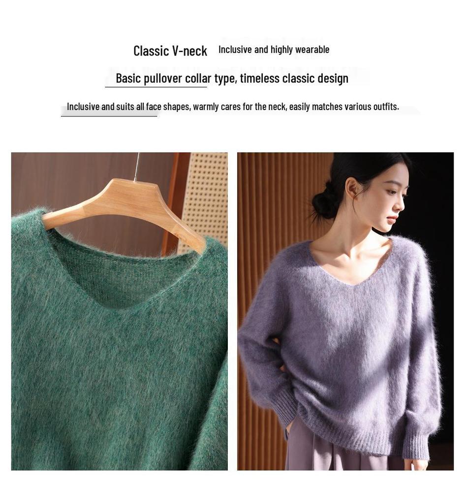 Women's Plus Size Pure Cashmere V-Neck Pullover: Loose Fit, Long Sleeve, Thick Winter Sweater