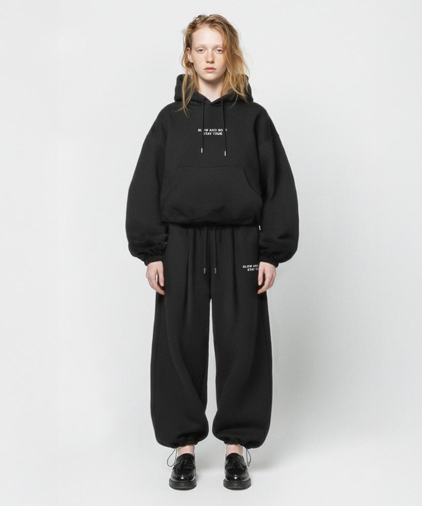 [Set] Small Slow And Soft String Oversized Hoodie + One-Pleat String Pants - Black