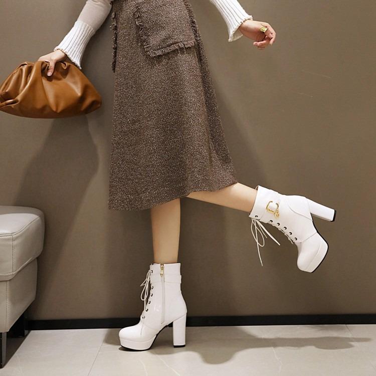 Sexy Single Boots Lace Up Solid Leather High Thick Heel Platform Ankle Short Boots Unisex Plus Size Padlocks Boots