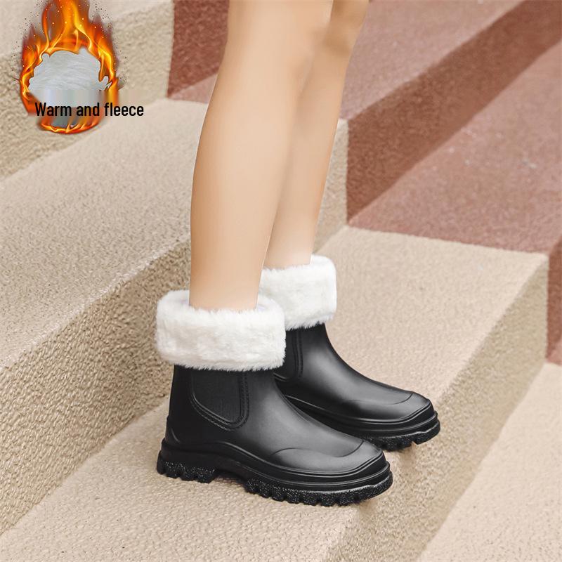 Bottes de pluie courtes imperméables pour femmes, doublées en polaire et antidérapantes en PVC